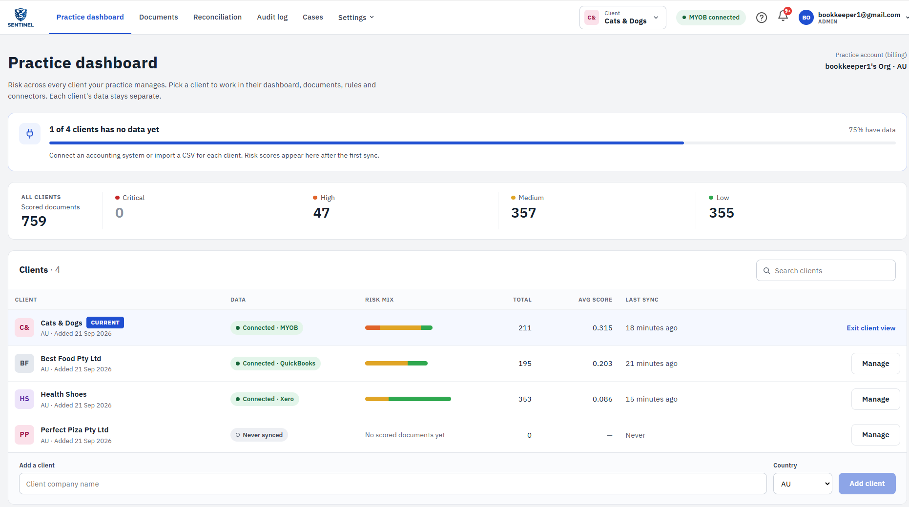 Sentinel practice dashboard showing risk totals across all clients, with a table of each client's connected accounting system, risk mix, and last sync